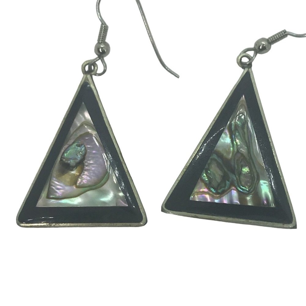 Mexico Alpaca Silver Triangle Earrings Abalone Shell Black Inlaid Vintage Estate